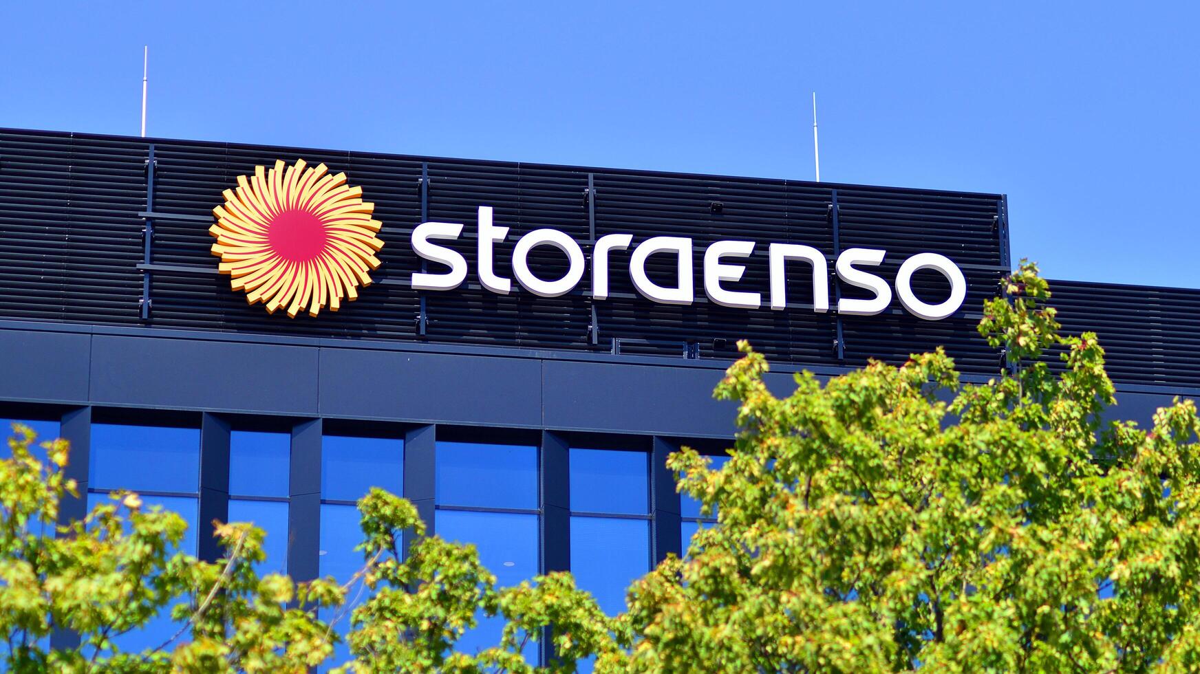 Warsaw, Poland. 31 July 2024. Wola business district in the city center with office centers and modern buildings. Urban landscape. Company signboard Stora Enso. photo