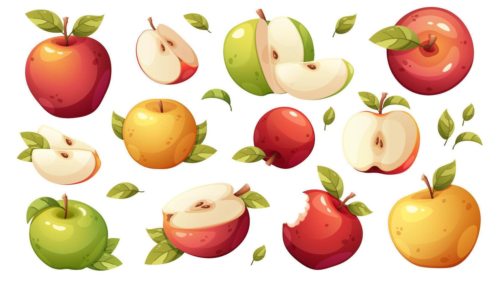 Set of apples in yellow, green and red colors. Whole apple, half apple, cut apple. elements on white background vector
