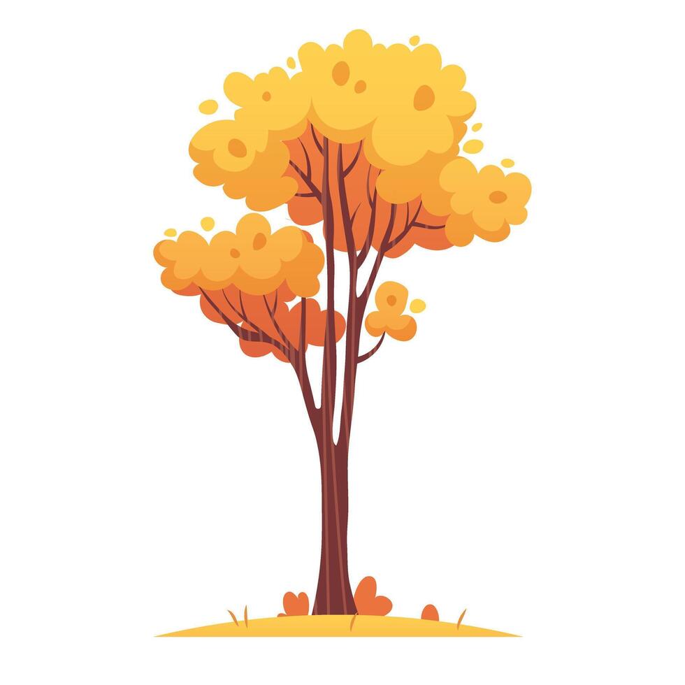 Autumn tall tree with branches and yellow leaves. Flat illustration, fall foliage on white background vector