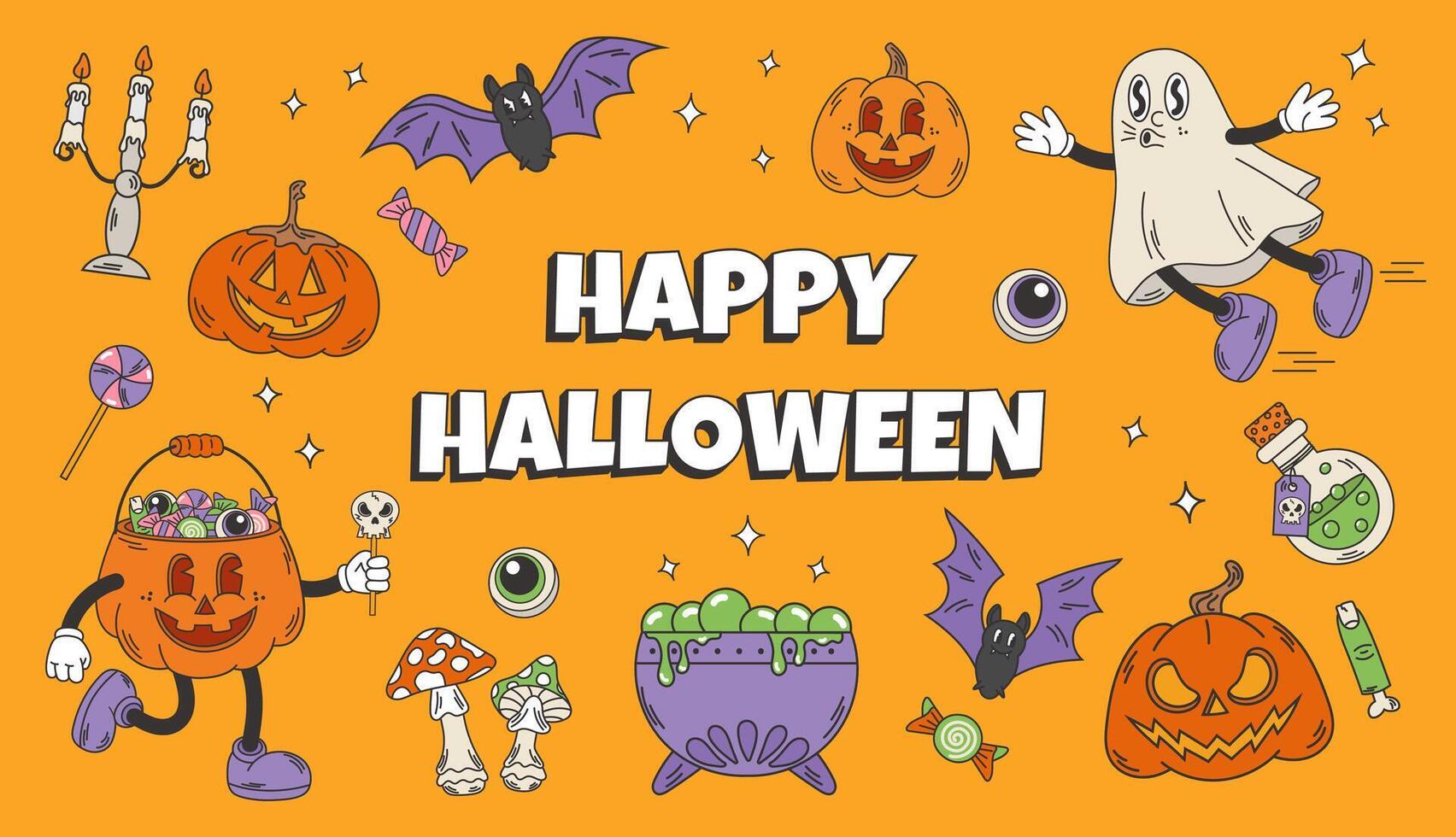 Groovy retro halloween set. Flying ghost, pumpkin with sweets, bats, cauldron with potion. vector