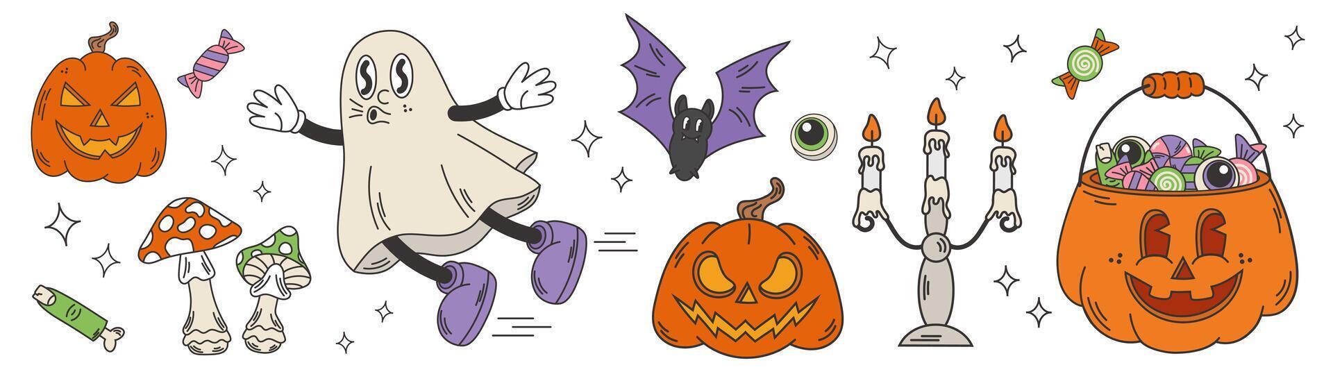 Halloween set with flying Ghost, Pumpkins, bats. Cartoon retro style. vector