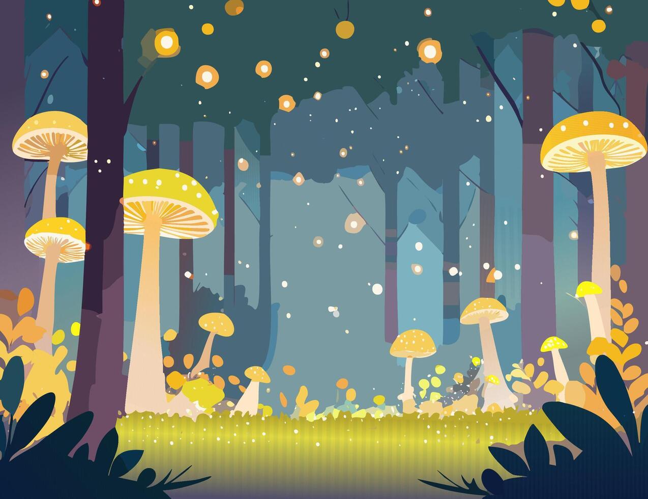 Forest night background with mushrooms illustration in flat style vector