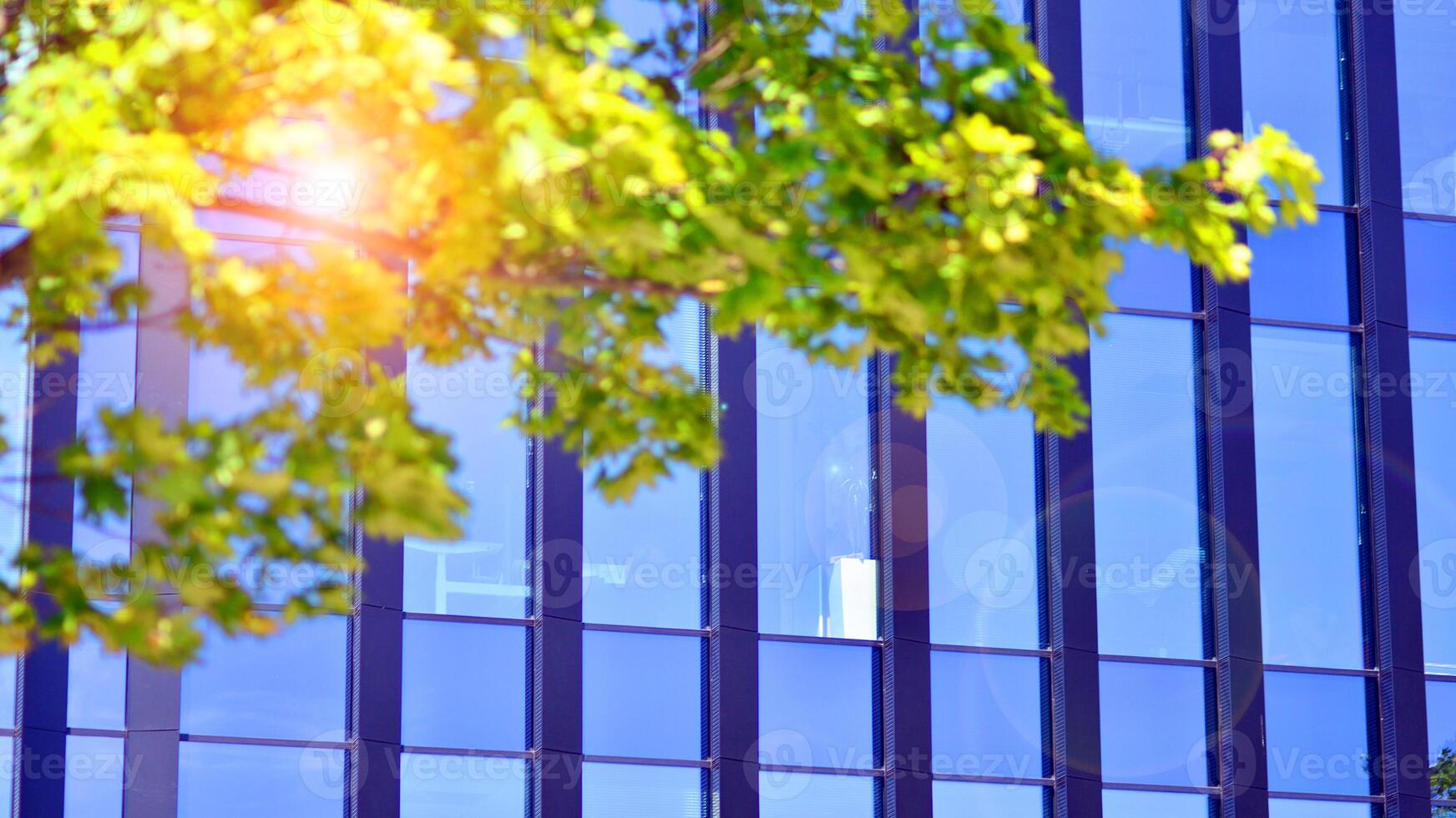 City life, urban landscape and ecology. Modern office complex with glass facades and smooth lines against backdrop of green trees, concept of modern architecture. Organically building into nature. photo
