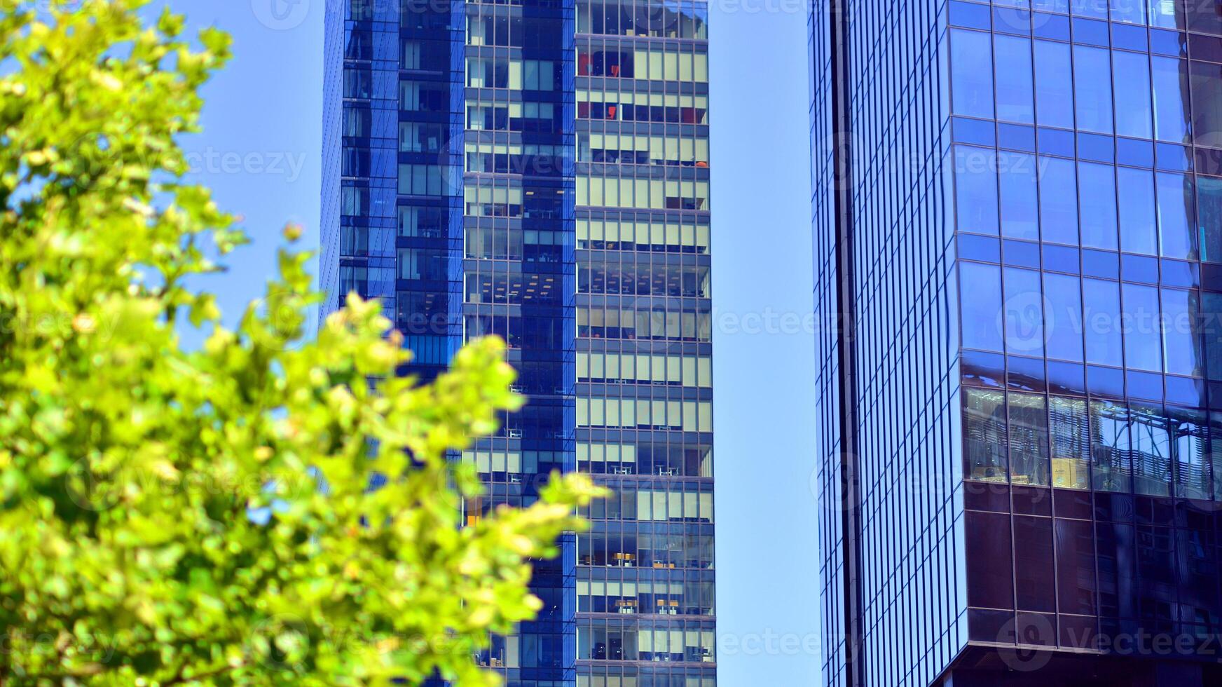 City life, urban landscape and ecology. Modern office complex with glass facades and smooth lines against backdrop of green trees, concept of modern architecture. Organically building into nature. photo