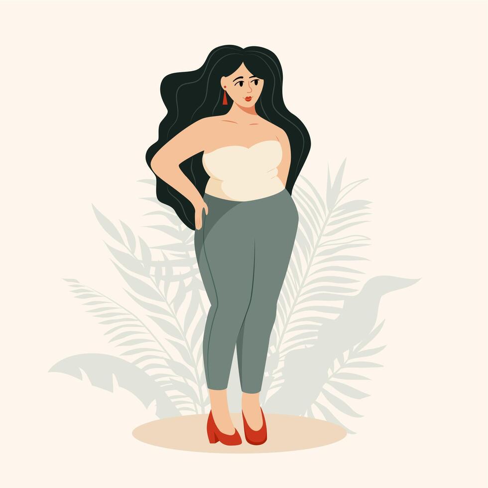 Plus size woman with long hair, wearing a strapless top and high waisted pants vector