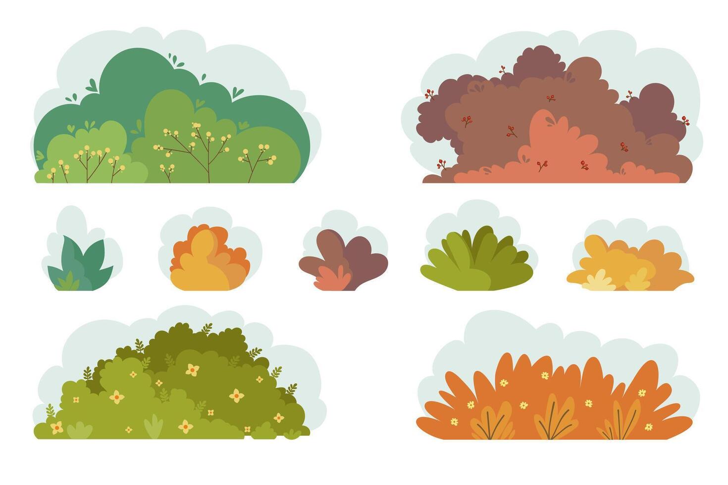 Cartoon bushes with summer and fall colors in cartoon style, minimal hand drawn vegetation design vector