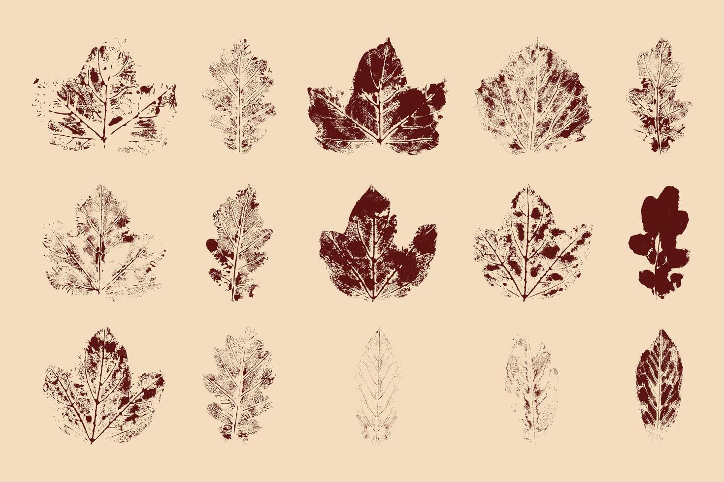 Hand drawn leaves stamps, fall collection of imprint leaves. vector