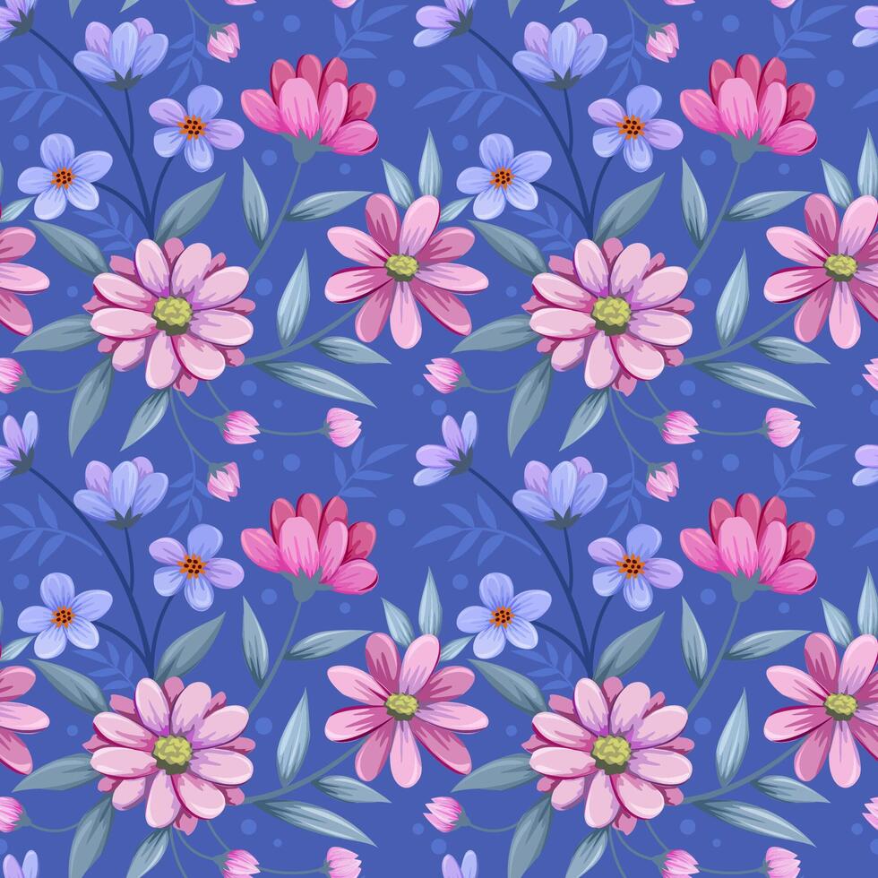 Beautiful blooming flowers on blue color background seamless pattern. vector