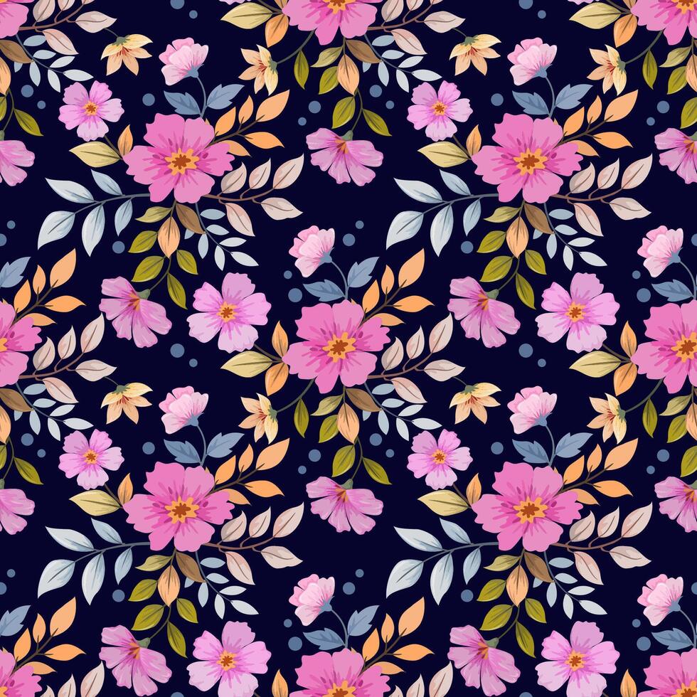 Cute colorful flowers on blue color seamless pattern. vector