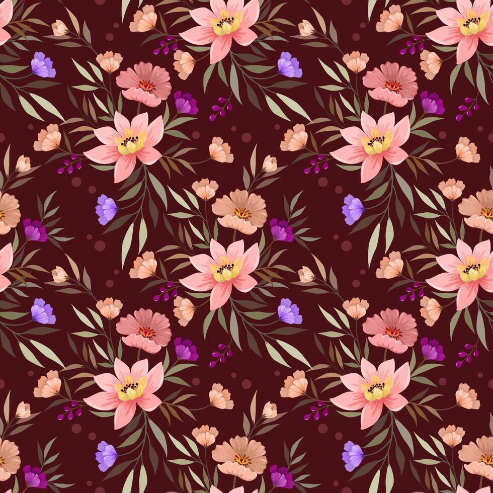 Beautiful blooming flowers on purple color background seamless pattern. vector