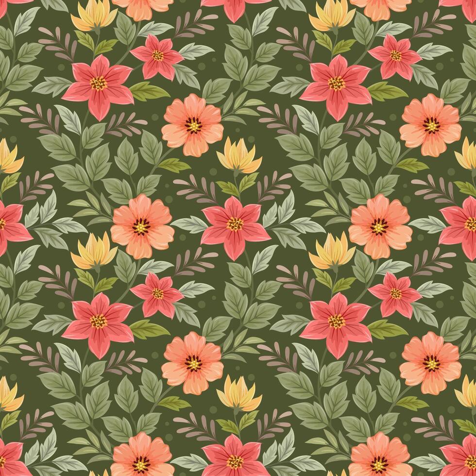 Beautiful blooming flowers design on green color background seamless pattern. vector