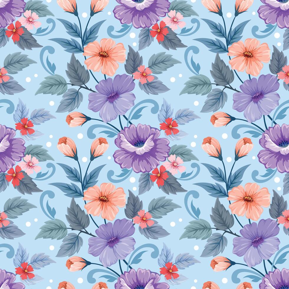 Beautiful blooming flowers design on blue color background seamless pattern. vector