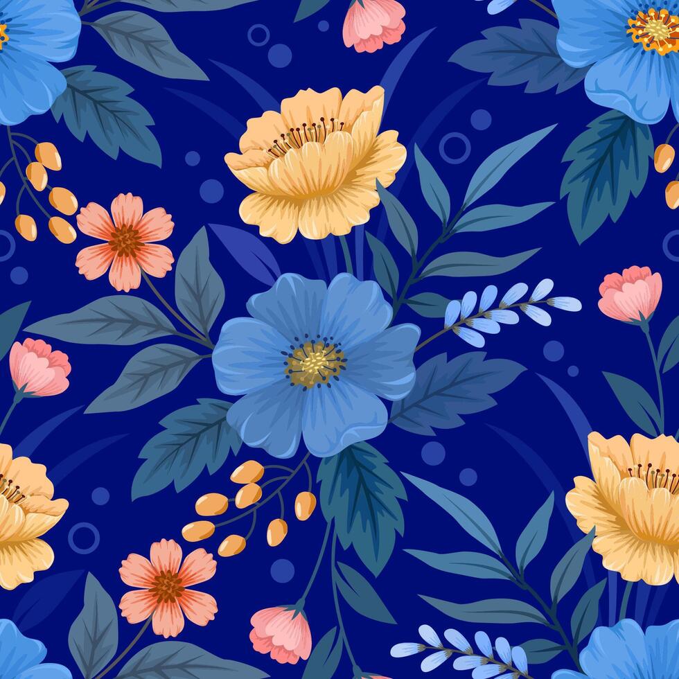 Blooming flowers and leaf on blue color background seamless pattern. vector