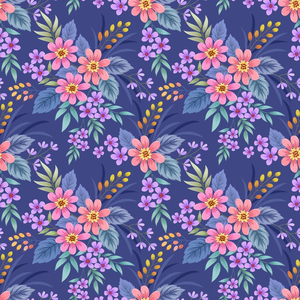 Beautiful blooming flowers design on blue color background seamless pattern. vector