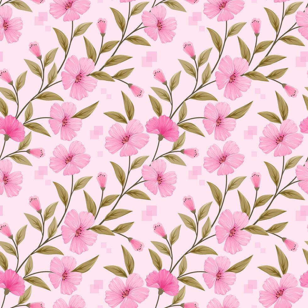 Blooming sweet pink color flowers on light color background seamless pattern. vector