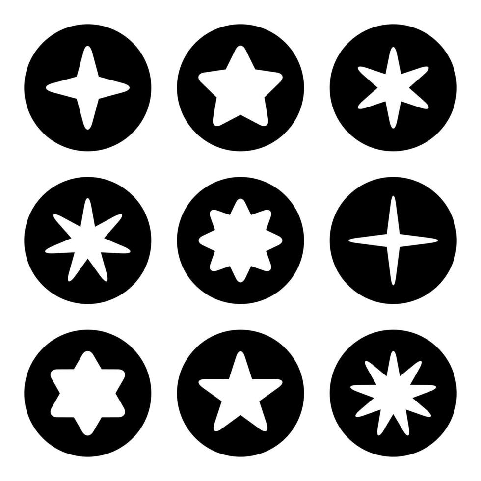 Star icon set collection on black circle. Sparkle stars sign symbol in rounded corner vector