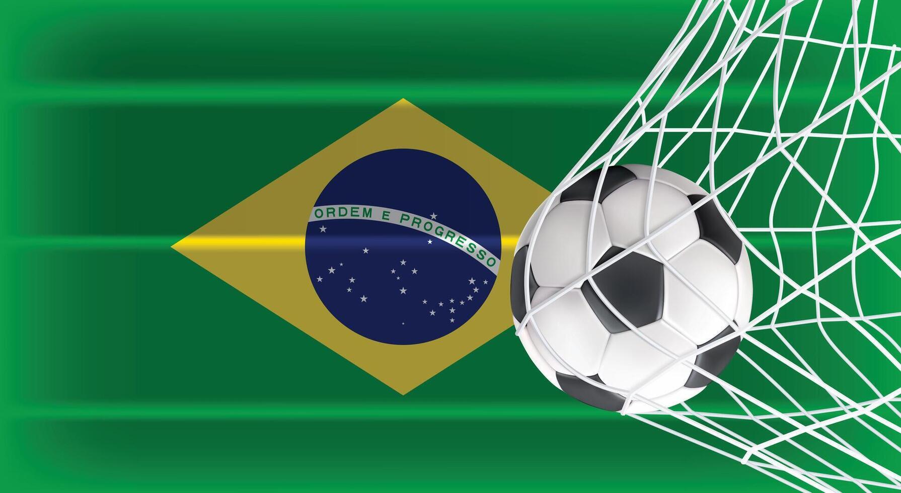 Soccer or Football ball in Goal Net Isolated on Brazil Shaded Flag, Sports Accessory Equipment for Playing Game, Championship and Competition Design Element Realistic 3D File vector