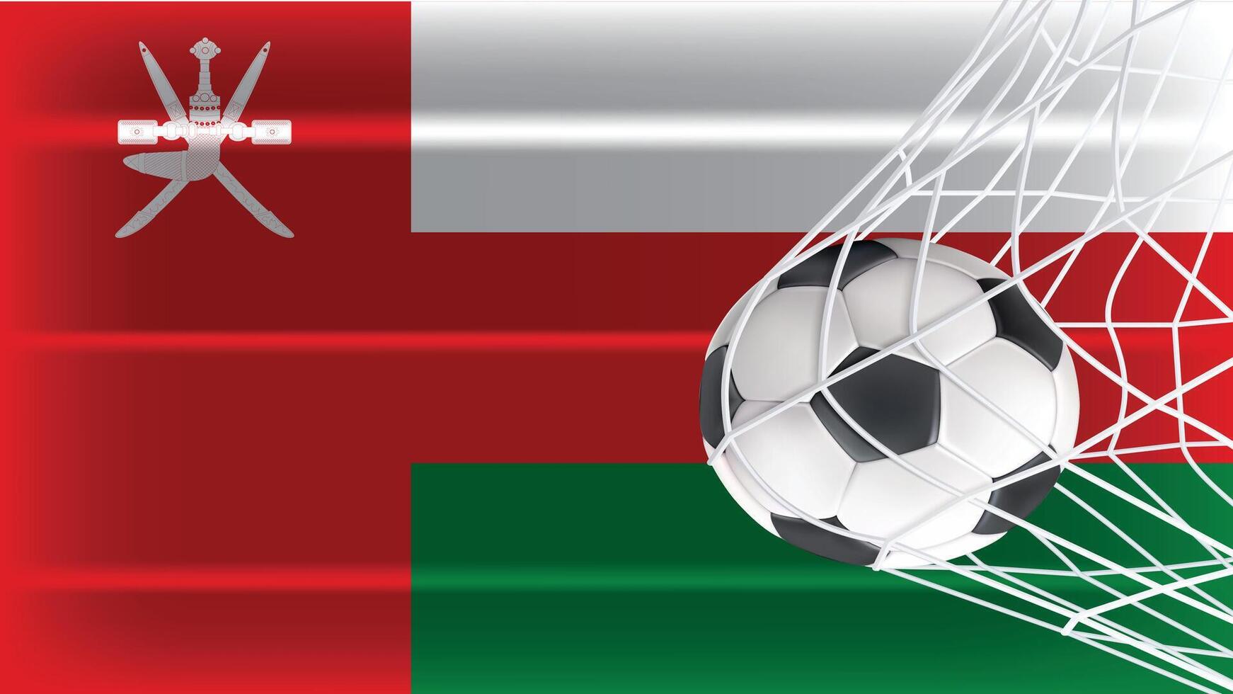 Soccer or Football ball in Goal Net Isolated on Oman Shaded Flag, Sports Accessory Equipment for Playing Game, Championship and Competition Design Element Realistic 3D File vector