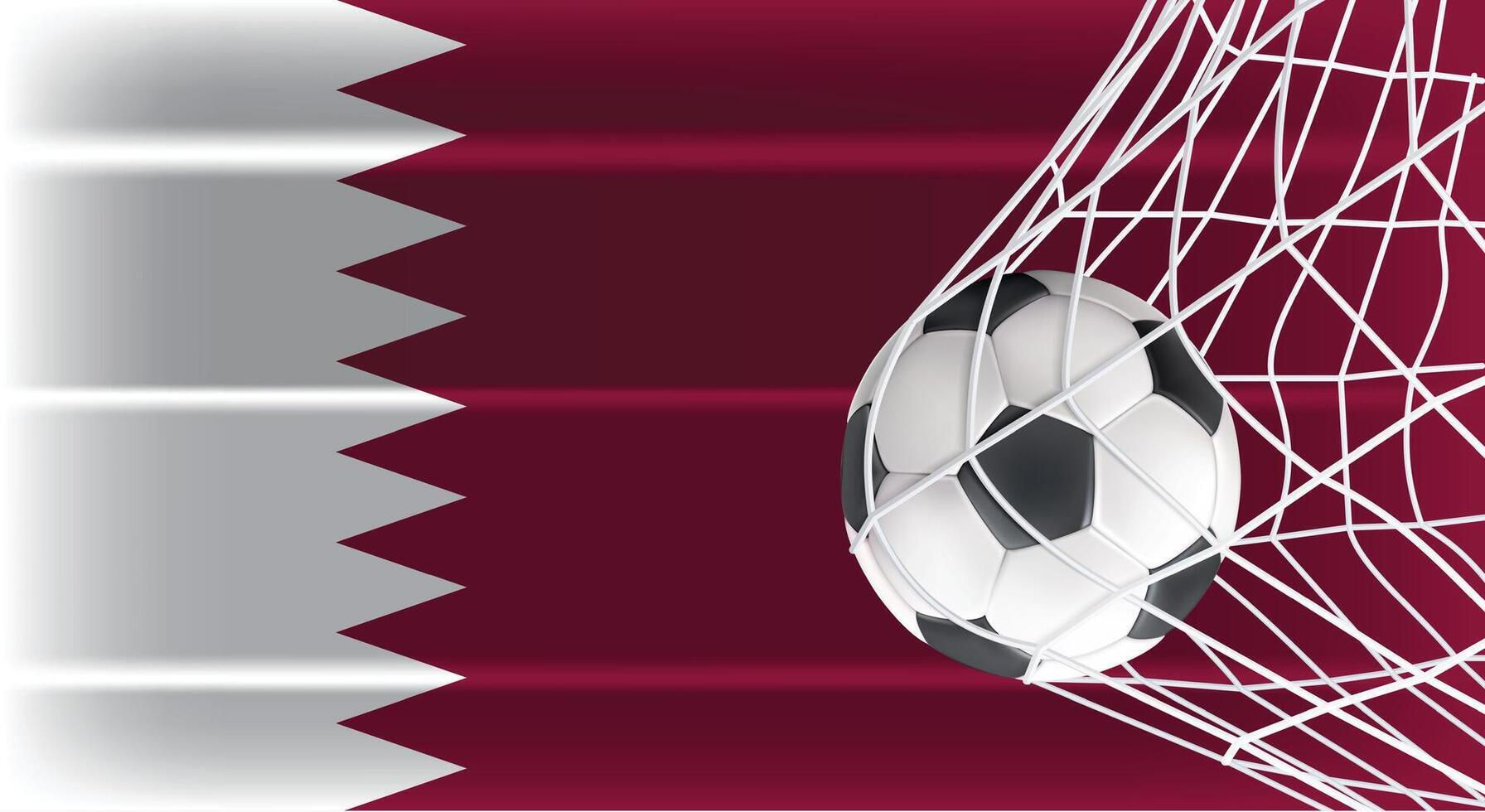 Soccer or Football ball in Goal Net Isolated on Qatar Shaded Flag, Sports Accessory Equipment for Playing Game, Championship and Competition Design Element Realistic 3D File vector