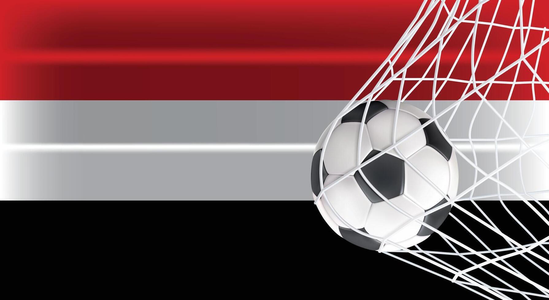 Soccer or Football ball in Goal Net Isolated on Yemen Shaded Flag, Sports Accessory Equipment for Playing Game, Championship and Competition Design Element Realistic 3D File vector