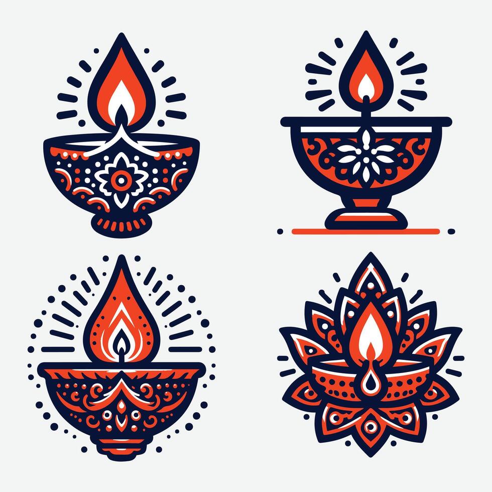 Set of Elegant Diya Illustrations for Unique Diwali Celebration Backgrounds vector
