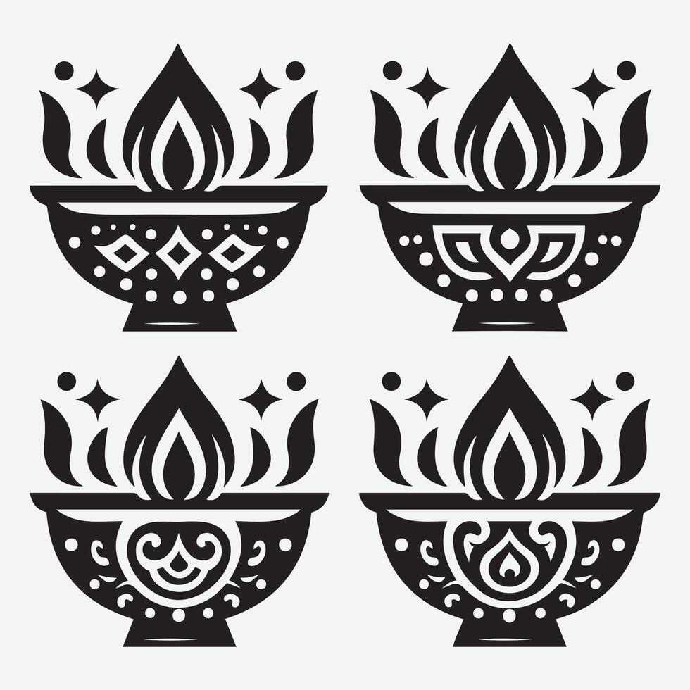 Set of Bright and Colorful Diwali Oil Lamp Designs for Festive Backgrounds vector