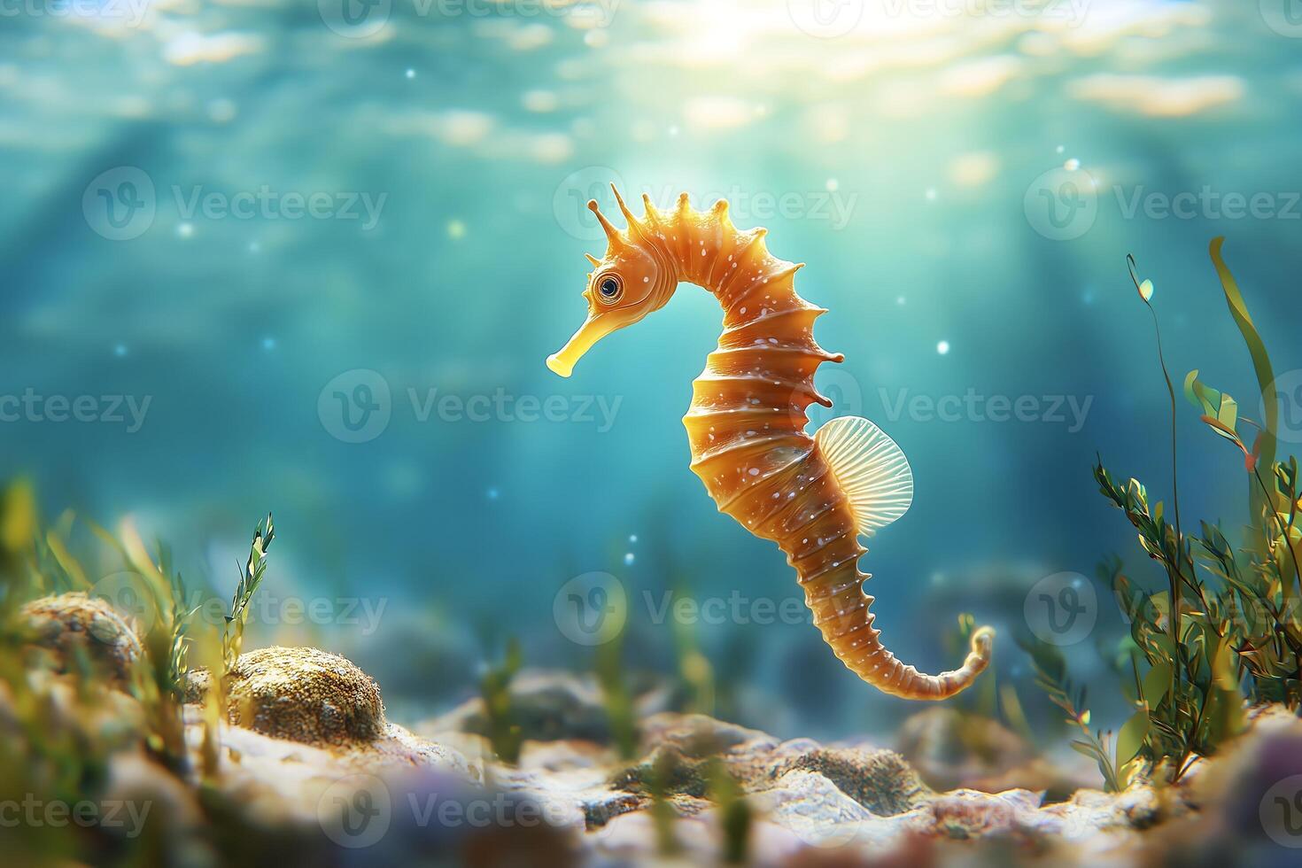 A seahorse gracefully swims through the sunlit azure depths of the ocean photo