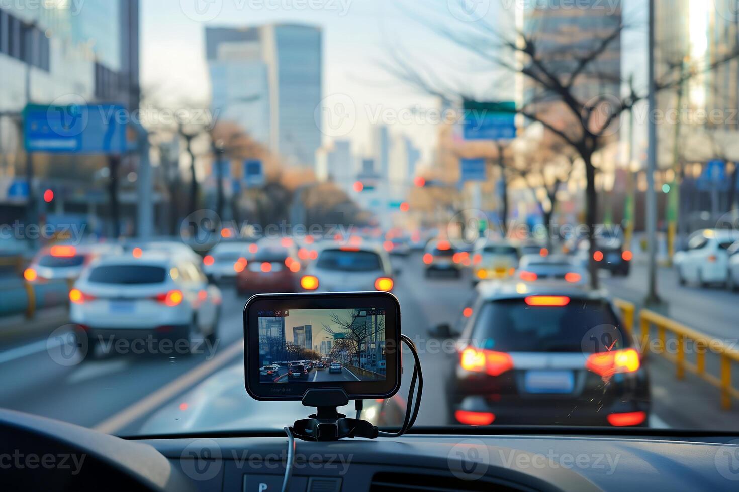 A dashcam mounted on the windshield captures a rear view of a car driving on a congested city street photo