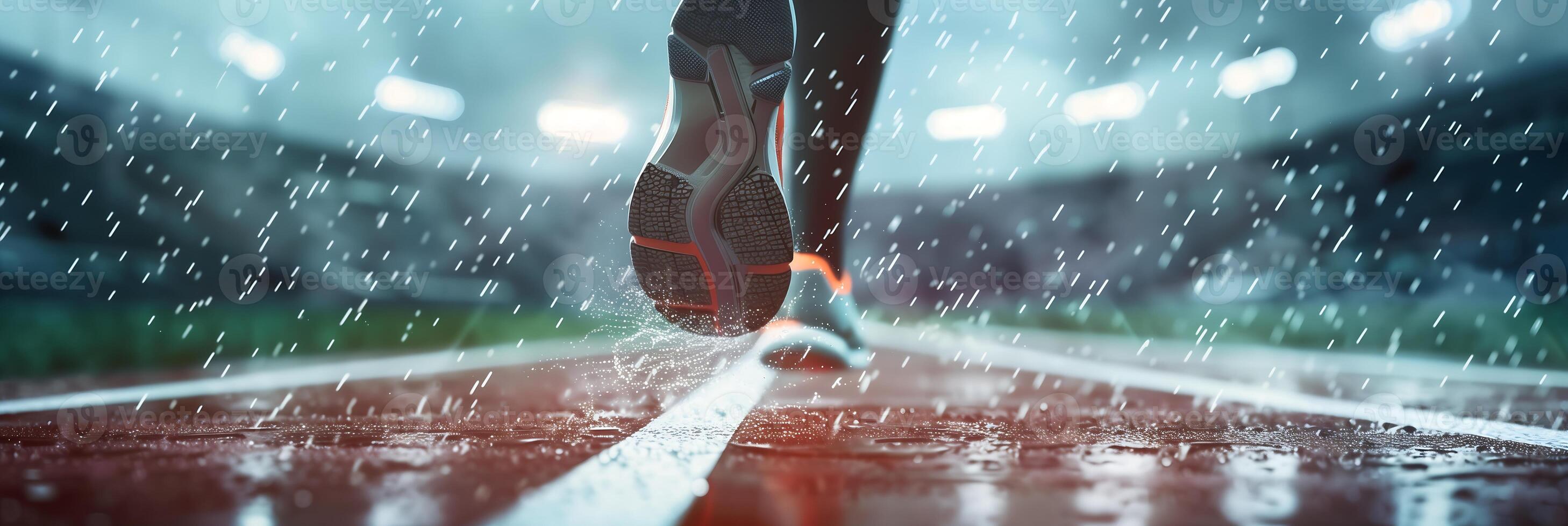 A runner s foot strikes the wet track in a stadium photo