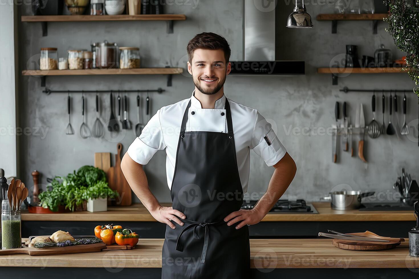 A male chef stands in a modern kitchen smiling confidently while wearing a black apron photo