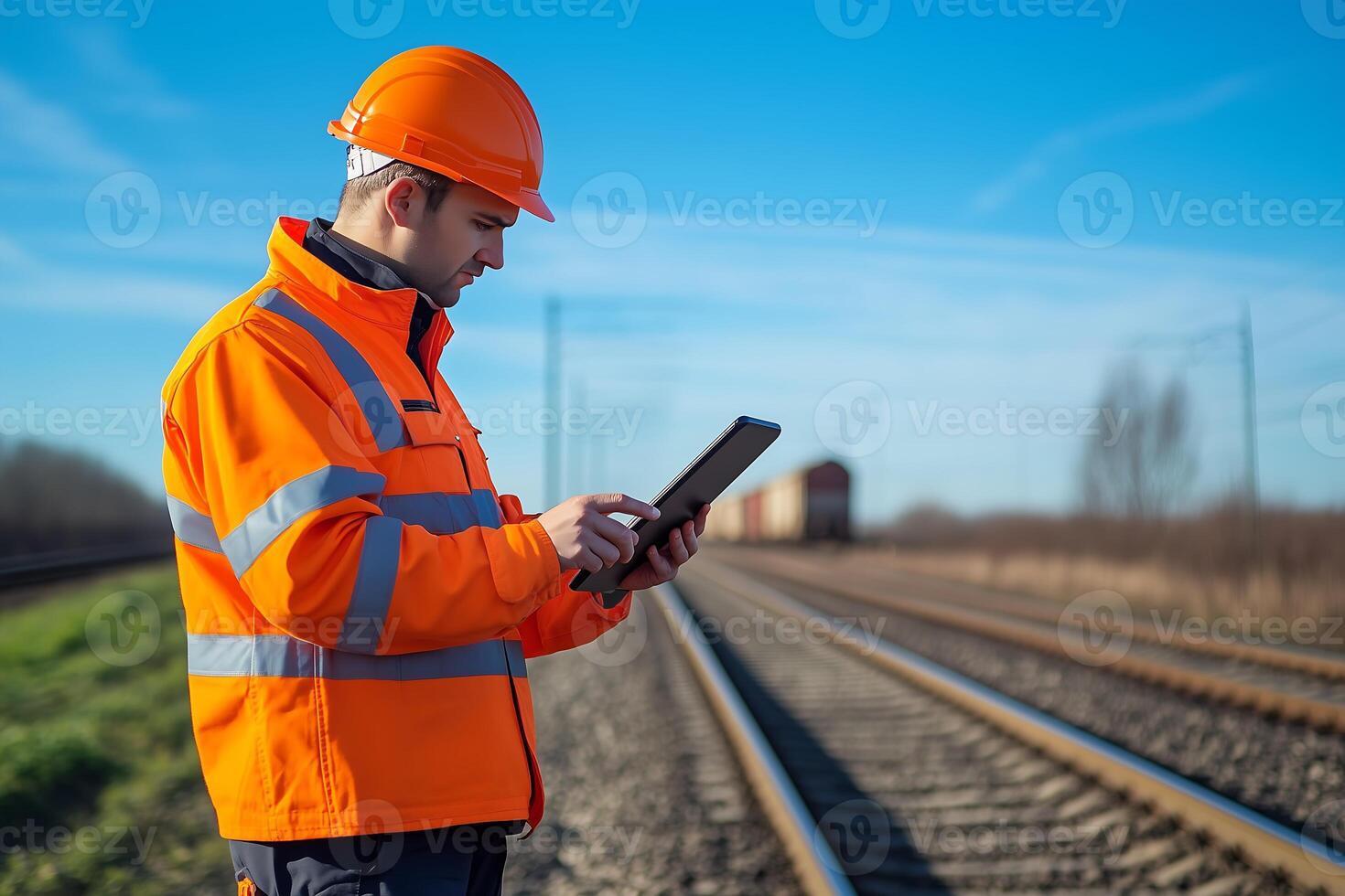 A railroad worker in a high visibility vest checks a digital device while standing beside railroad tracks photo