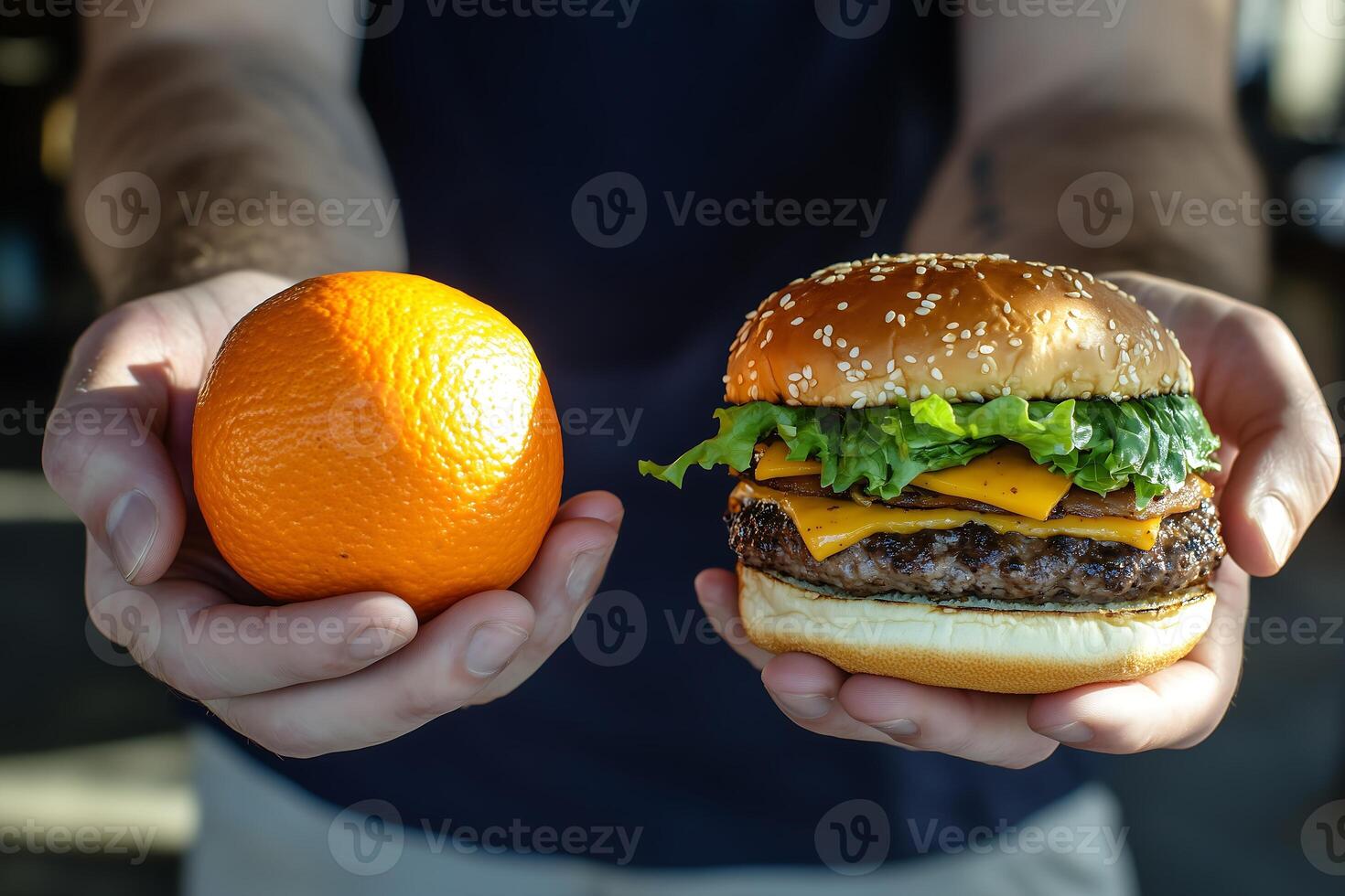 A person is holding a juicy orange in one hand and a delicious hamburger in the other photo