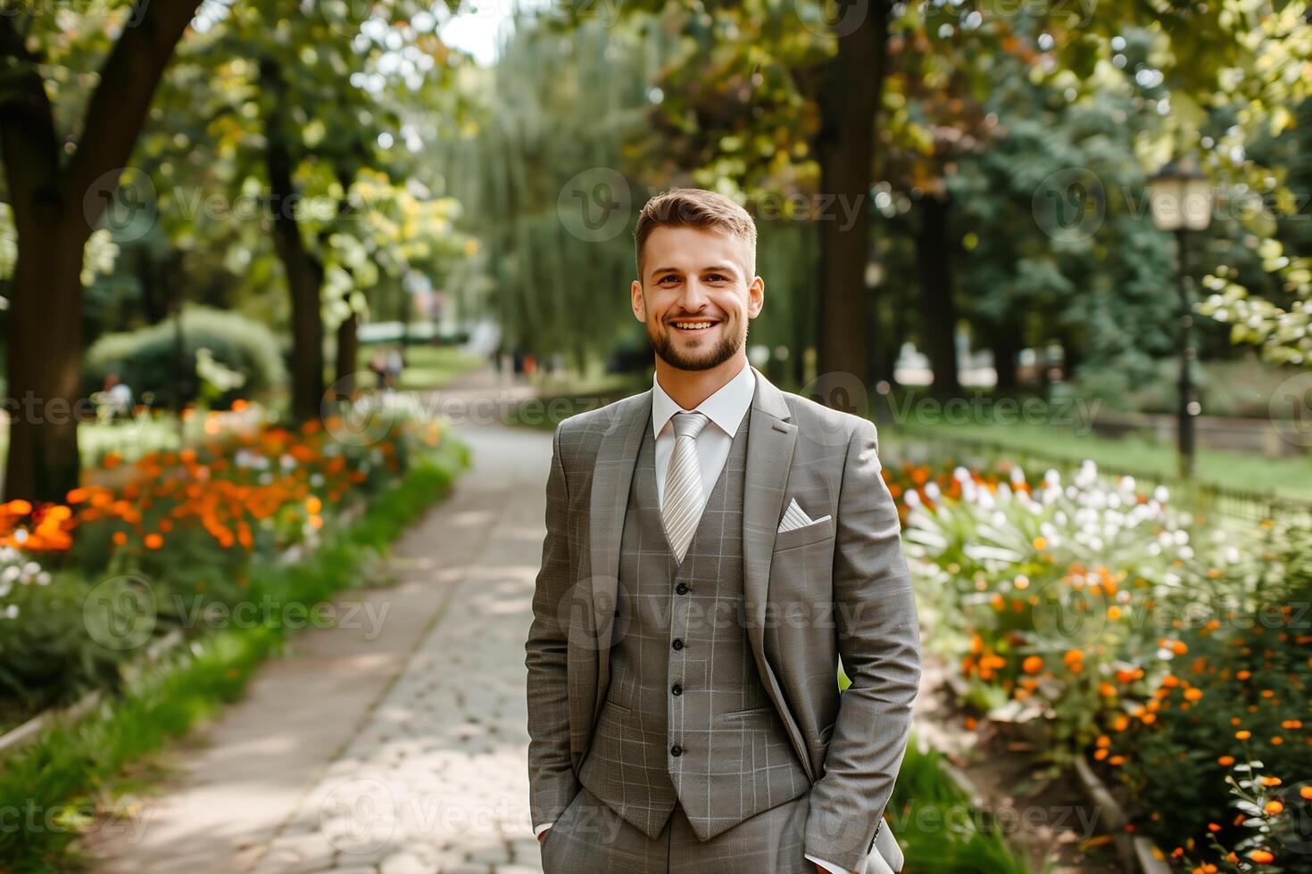 A man in a gray suit smiles while standing on a path in a park photo