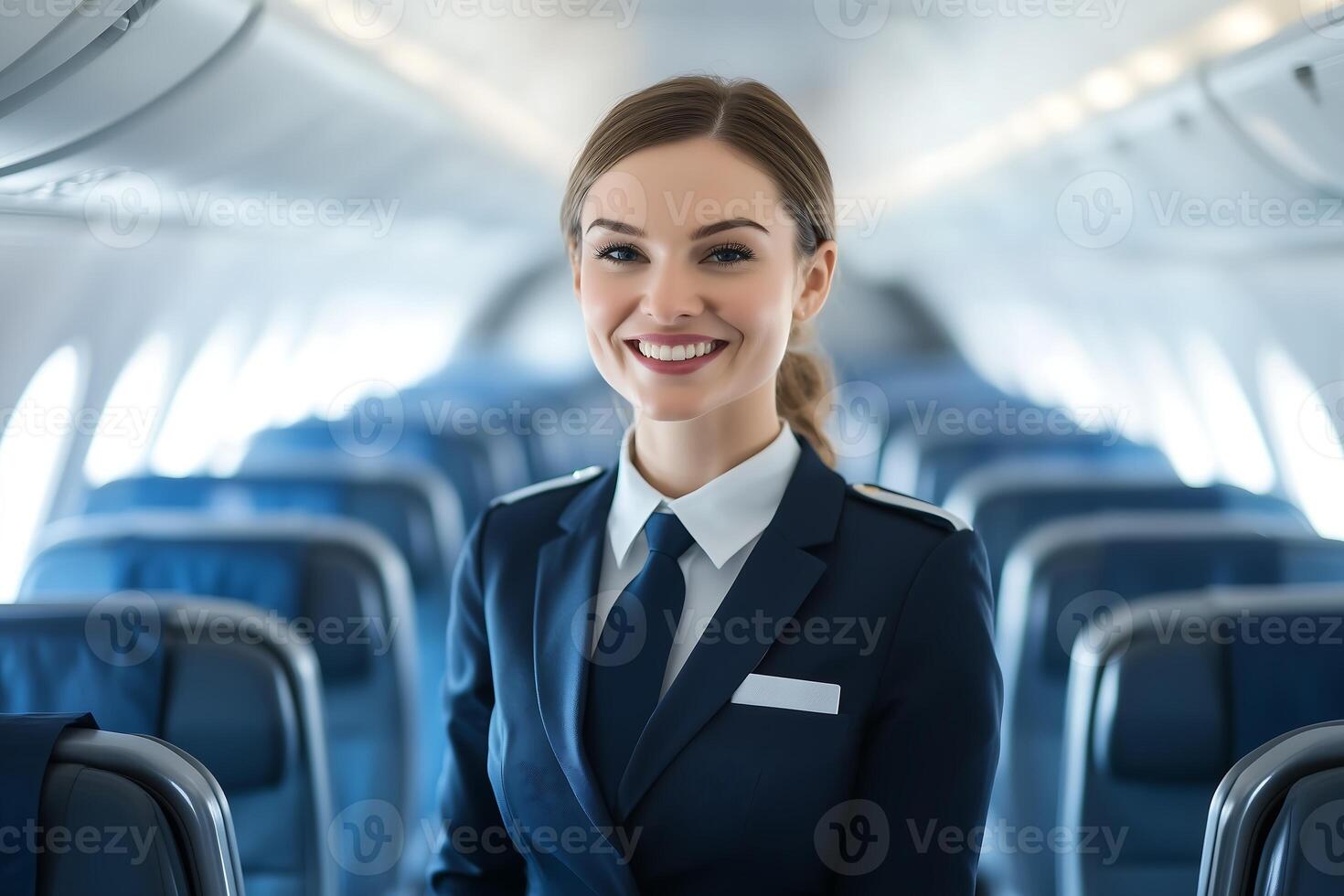 A smiling flight attendant stands in the aisle of an airplane photo