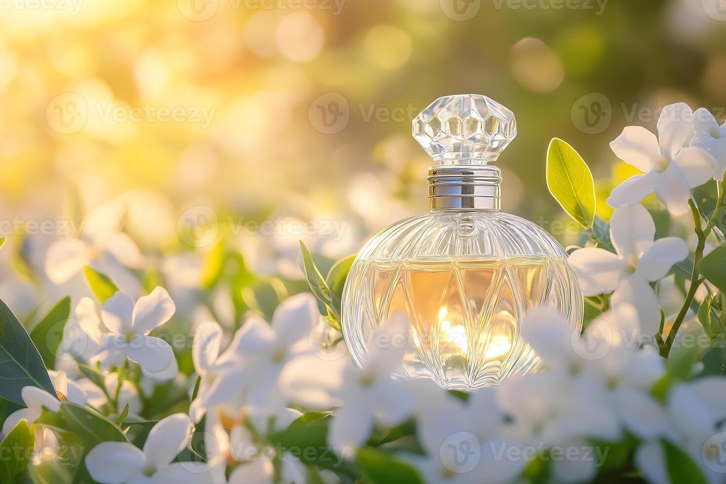 A perfume bottle sits amidst a bed of delicate white flowers bathed in warm sunlight photo