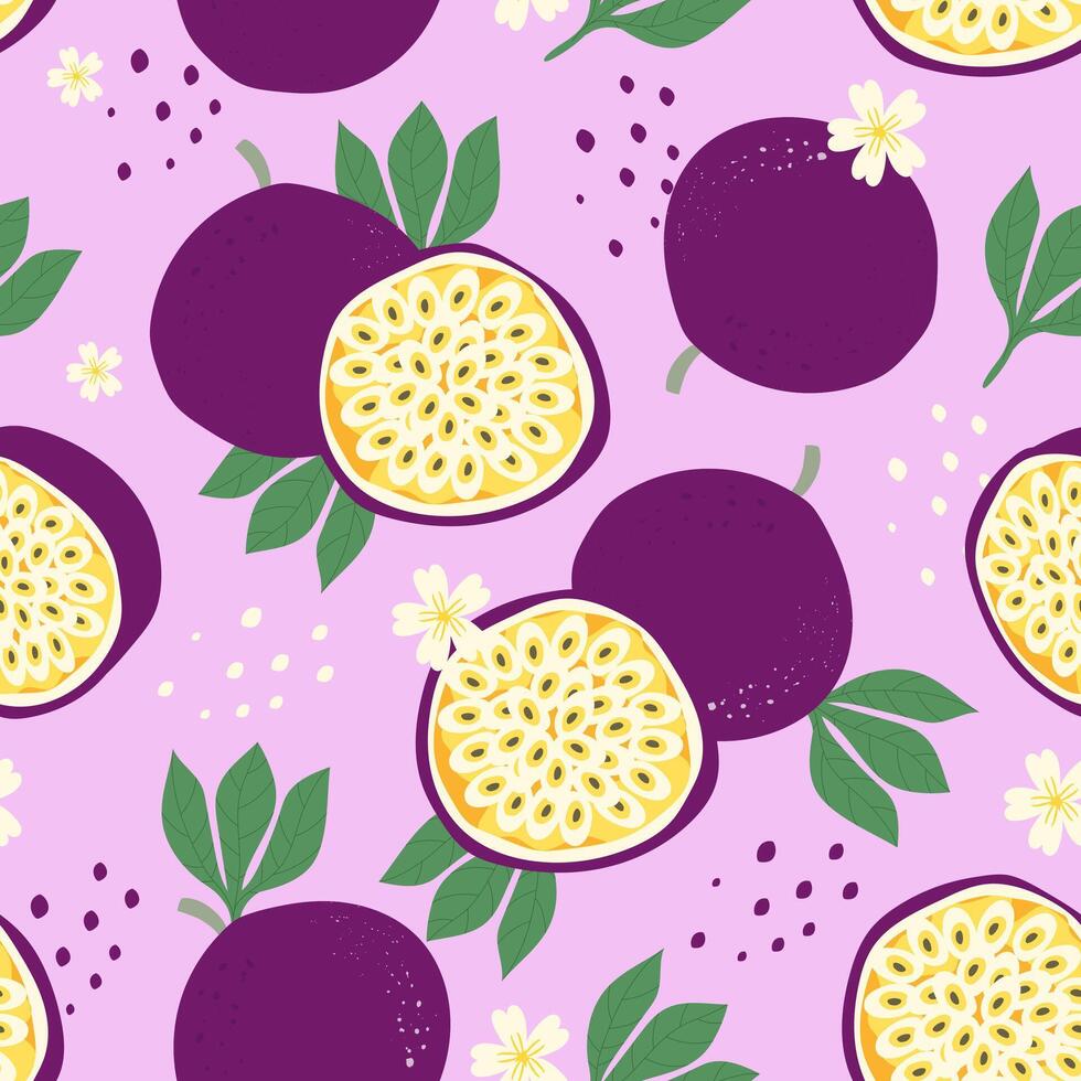 Seamless pattern passion fruit whole and slice on color background. vector