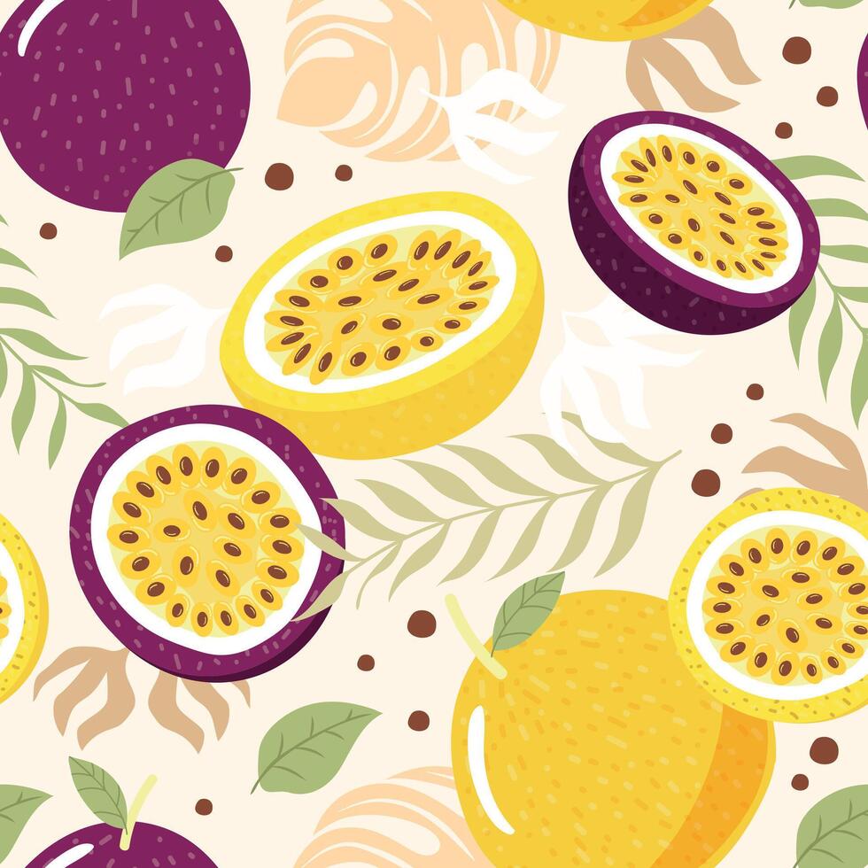 Seamless pattern passion fruit whole and slice on background. vector
