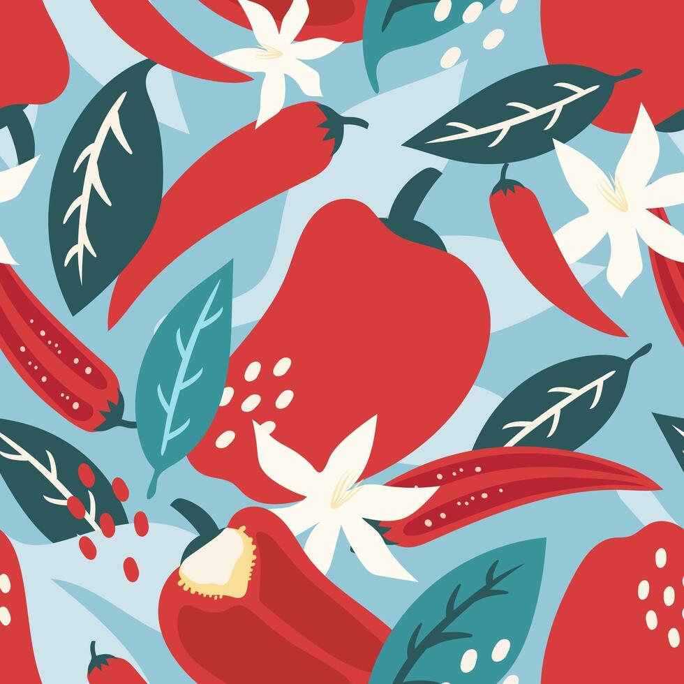 Seamless pattern vegetables, chili, bell pepper on colour background. vector