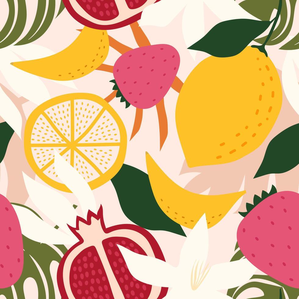 Seamless pattern fruits and leaf. Orange, Banana, Strawberry, Pomegranate. vector