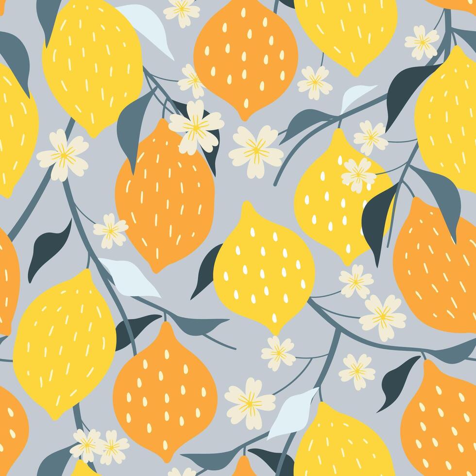 Seamless pattern lemon. Slices of citrus and leaf on color background. vector