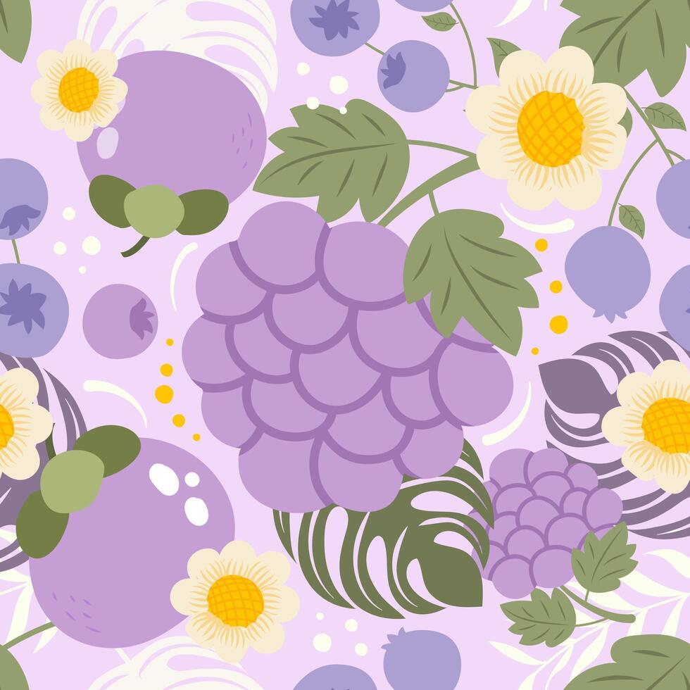 Hand drawn cute seamless pattern fruits, Mulberry, blueberry, mangosteen, flower and leaf on purple pastel background vector