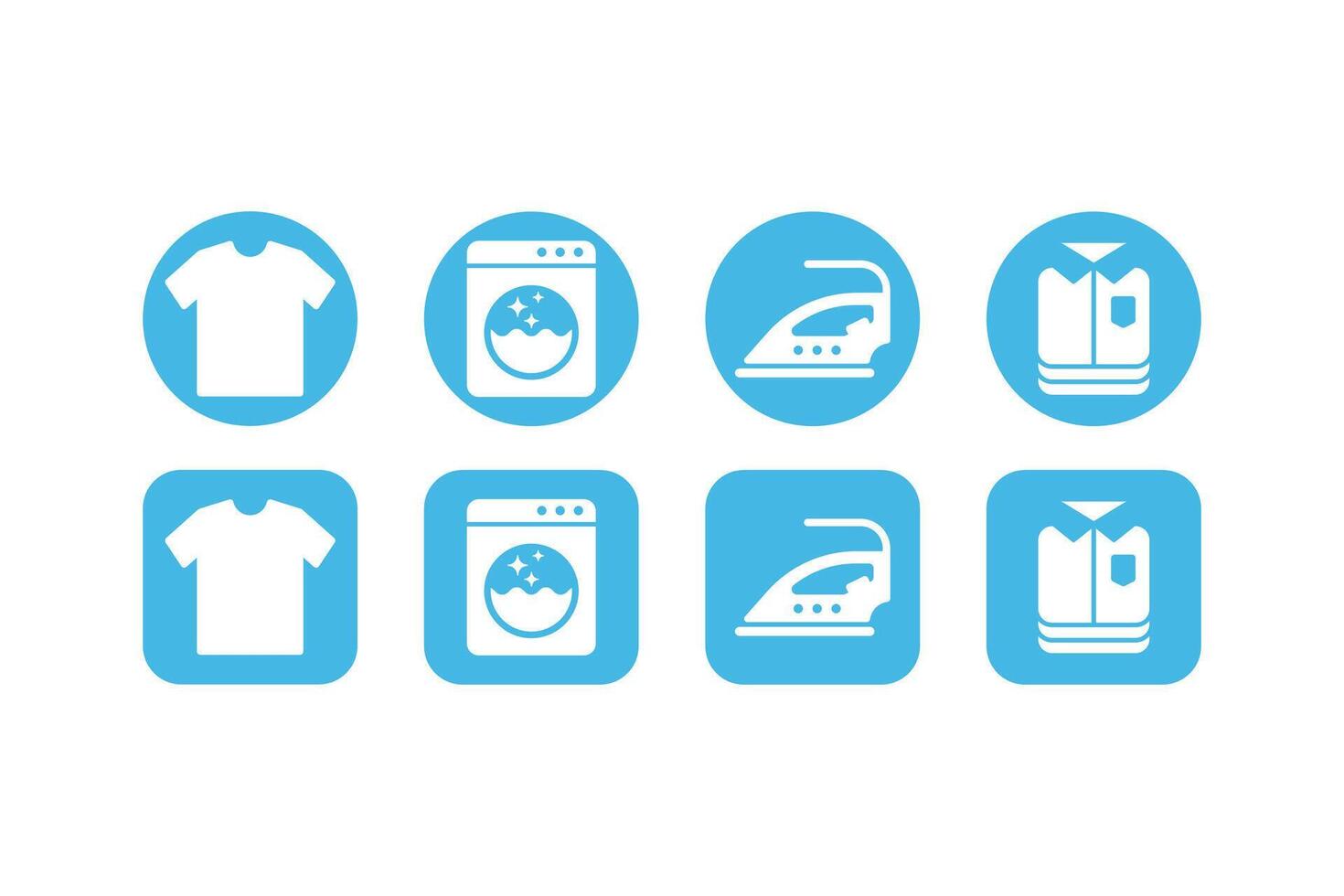 Simple laundry icon set in blue color. Clothes, washing machine, ironing, and folded clothes icon vector