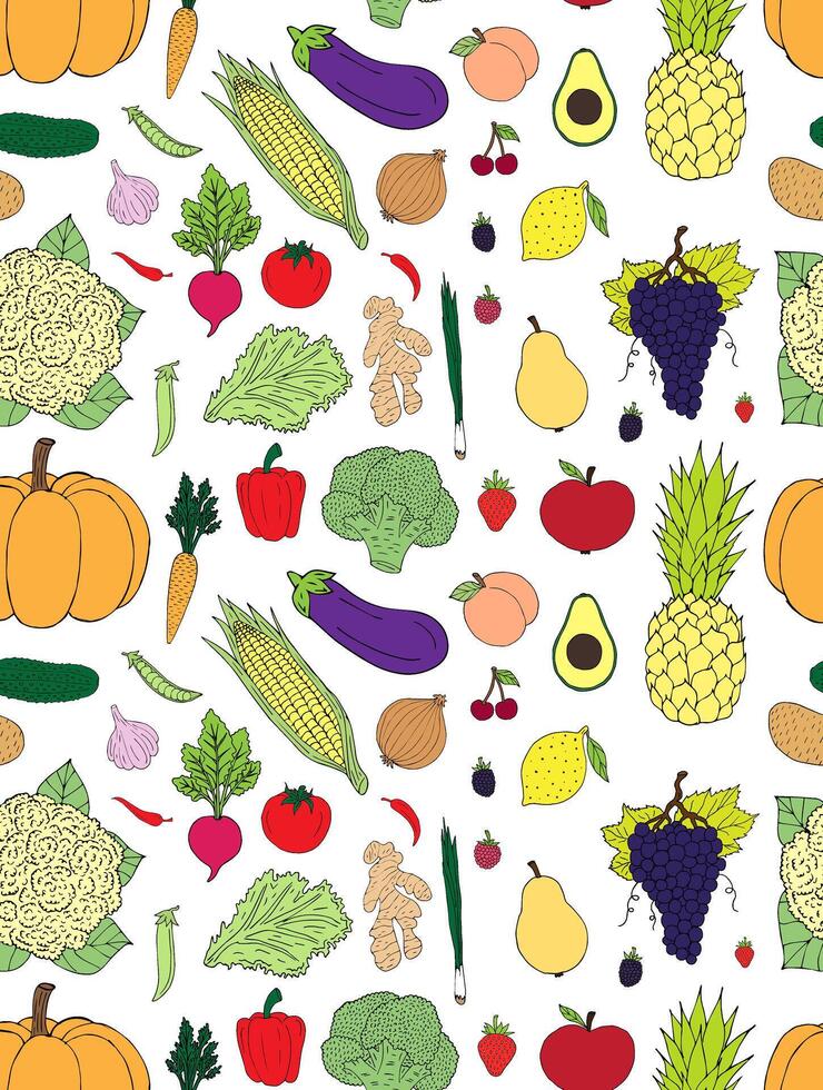 Seamless pattern of fruit and vegetables vector