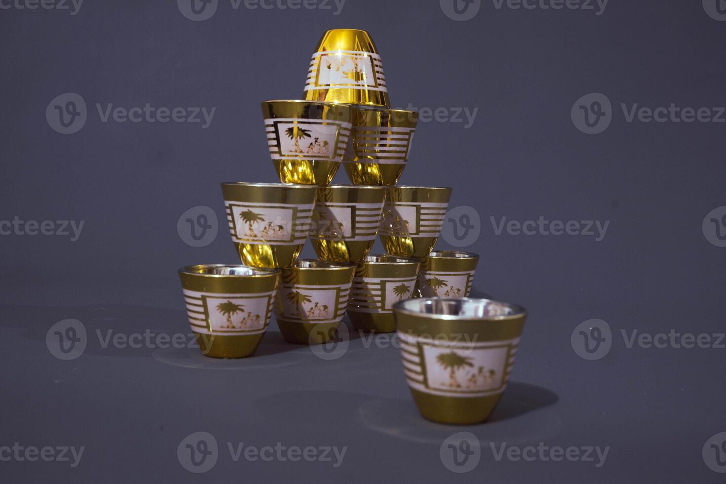 set of teacup. Against the grey background. Front view, copy space photo