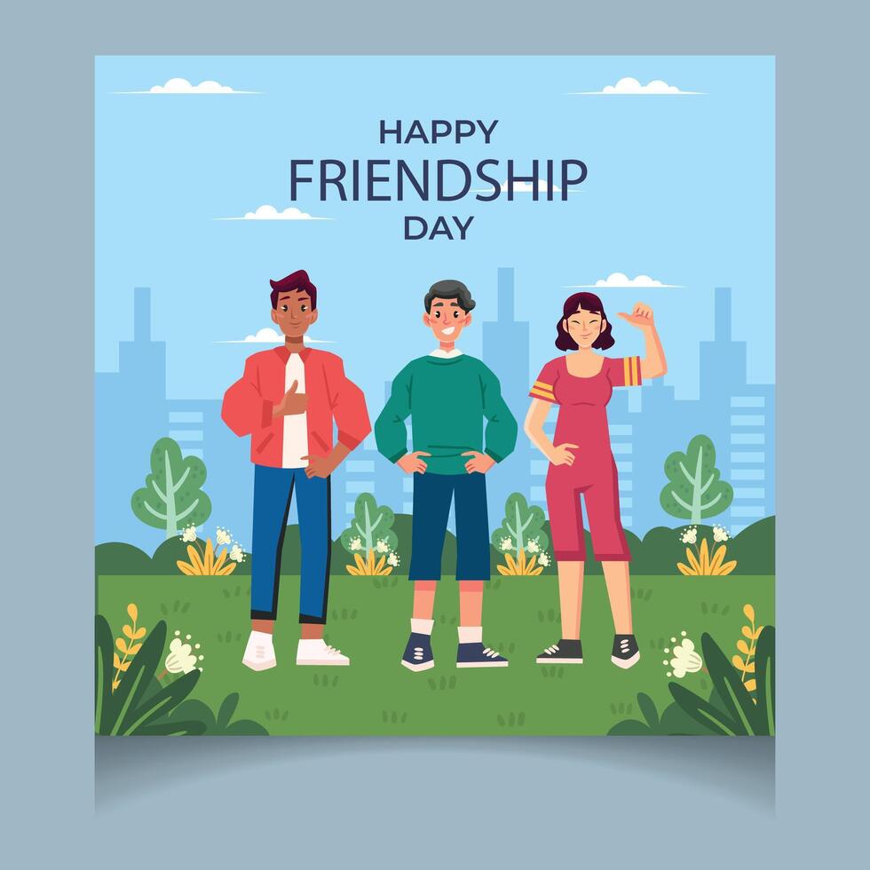 Happy friendship day illustration with diverse friend group of people hugging together for special event celebration. vector