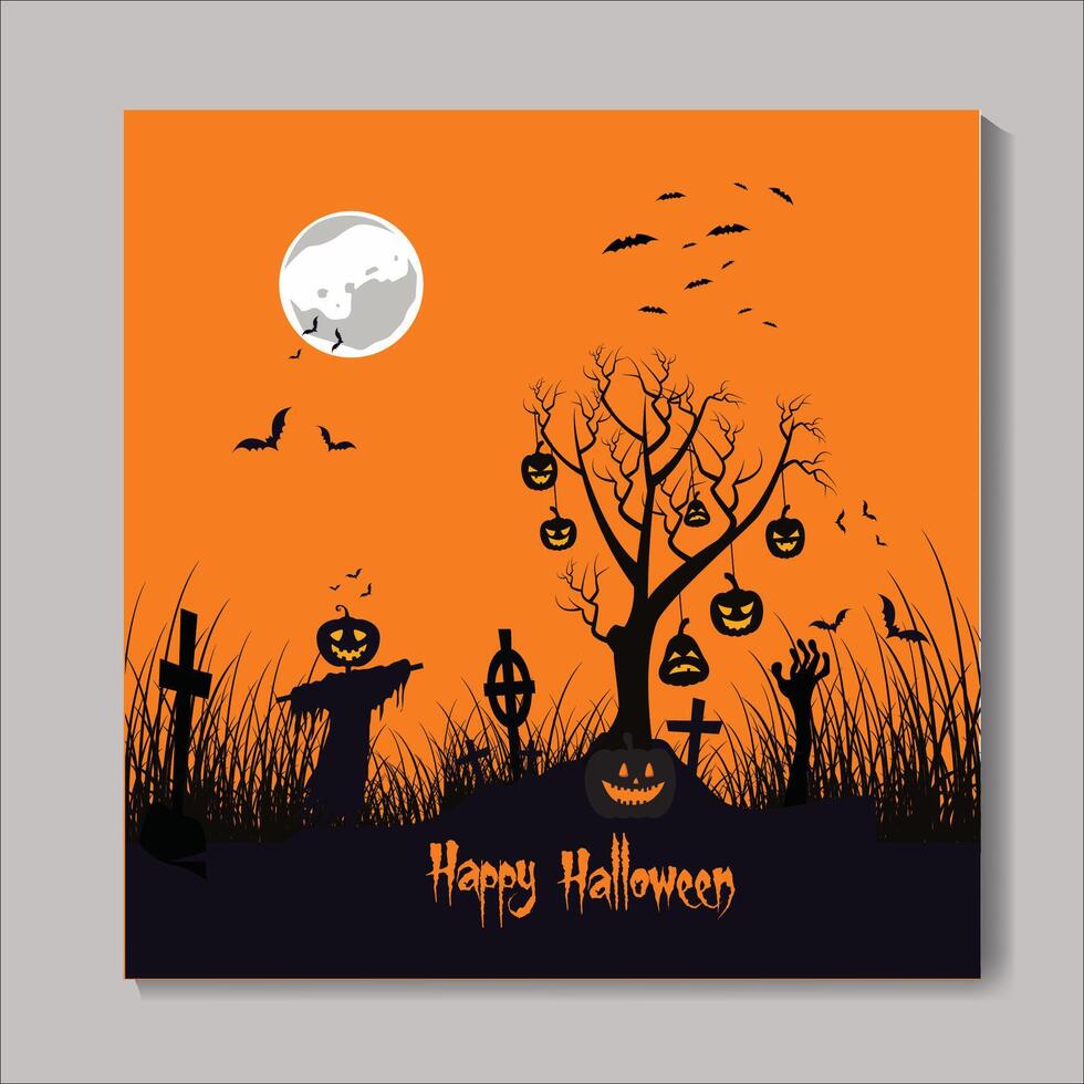 Happy Halloween day poster template. Halloween big moon, pumpkin ghost, cute ghost , ghost hand and halloween elements. vector
