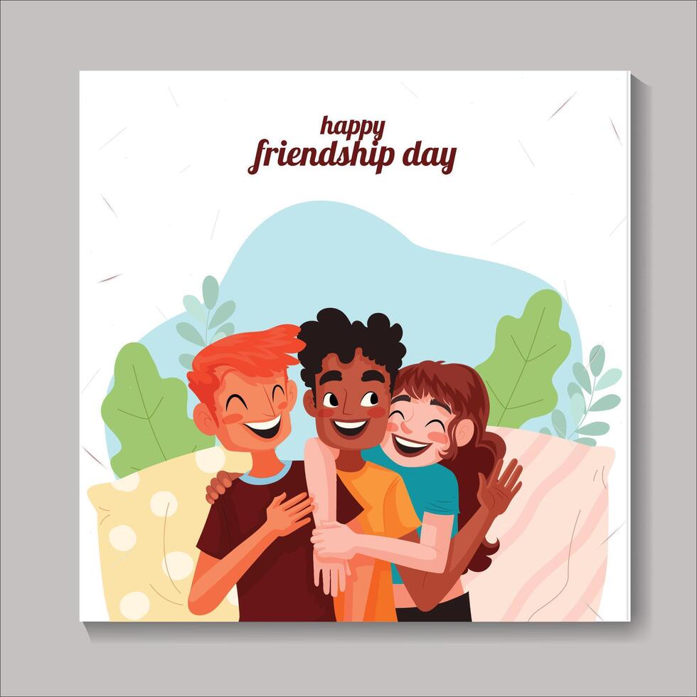 Happy friendship day illustration with diverse friend group of people hugging together for special event celebration. vector