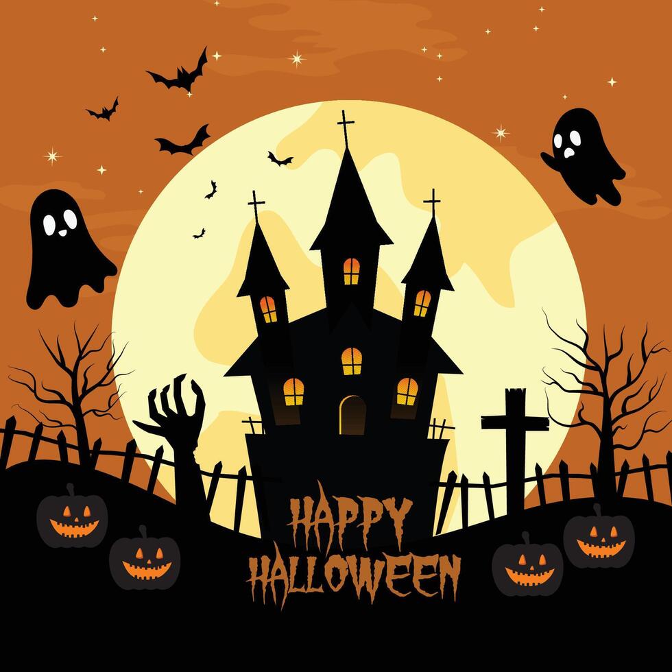 Happy Halloween day poster template. Halloween big moon, pumpkin ghost, cute ghost , ghost hand, house and halloween elements. vector