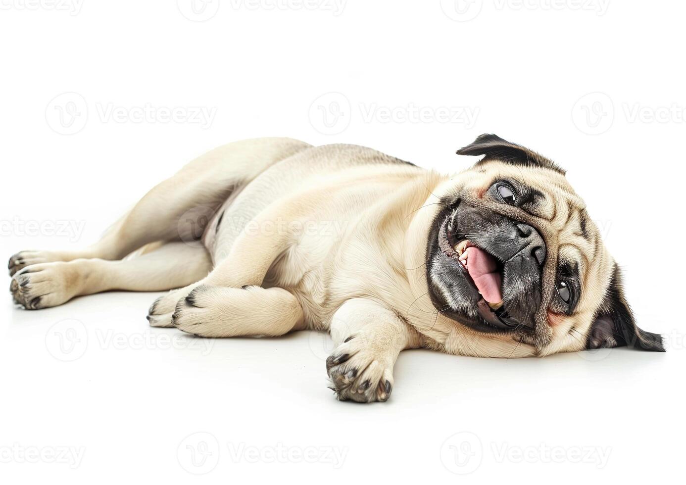 Photo of a happy pug dog lying down on a white background
