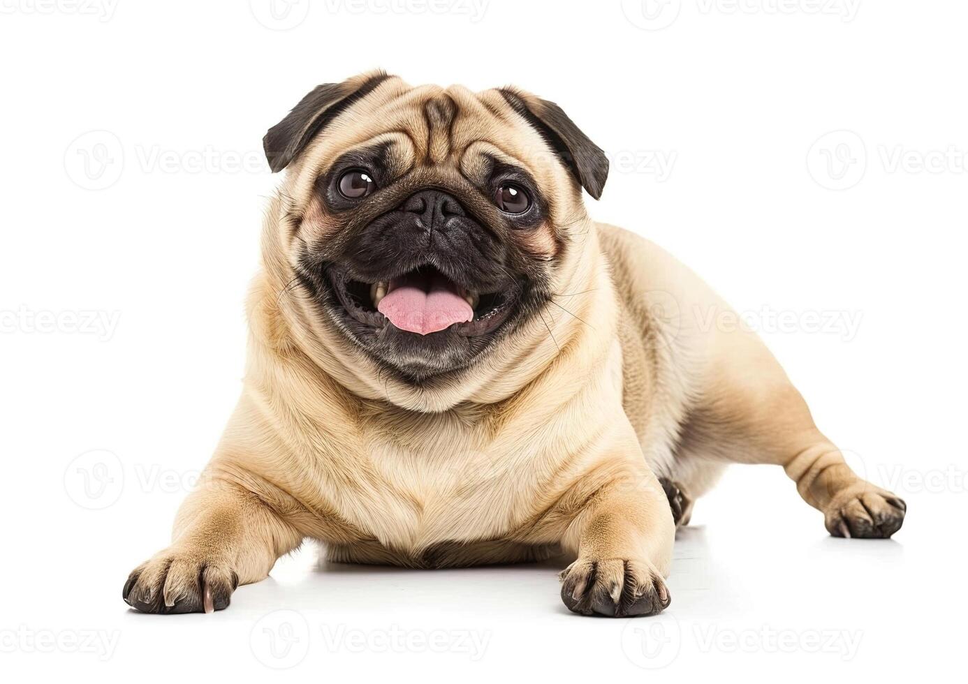 Photo of a happy pug dog lying down on a white background